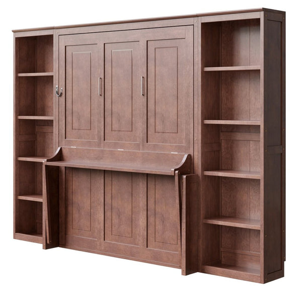 English Elm Queen Murphy Bed with Folding Desk and Side Shelving for Studio or Guest Room Dark Brown GX004002AAD-1