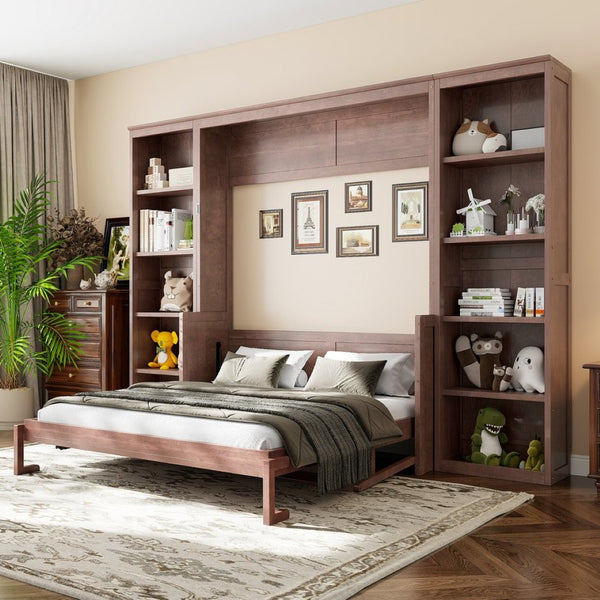 English Elm Queen Murphy Bed with Folding Desk and Side Shelving for Studio or Guest Room Dark Brown GX004002AAD-1
