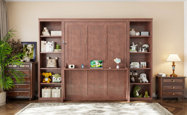 English Elm Queen Murphy Bed with Folding Desk and Side Shelving for Studio or Guest Room Dark Brown GX004002AAD-1