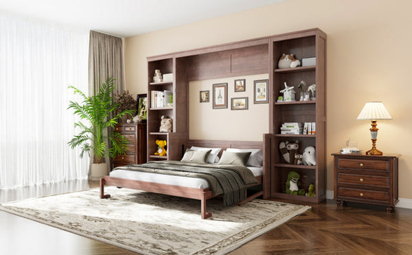English Elm Queen Murphy Bed with Folding Desk and Side Shelving for Studio or Guest Room Dark Brown GX004002AAD-1