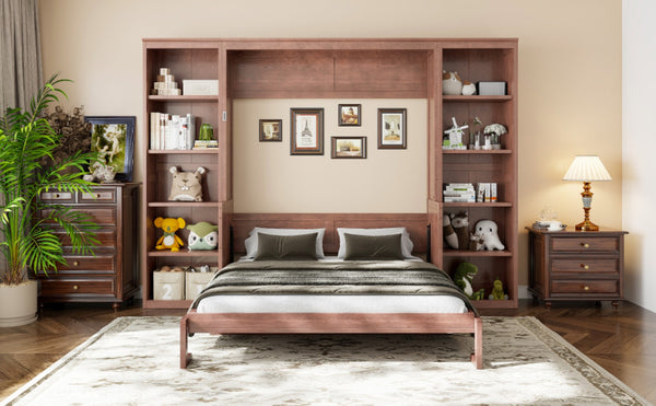 English Elm Queen Murphy Bed with Folding Desk and Side Shelving for Studio or Guest Room Dark Brown GX004002AAD-1