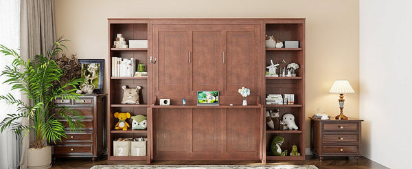 English Elm Queen Murphy Bed with Folding Desk and Side Shelving for Studio or Guest Room Dark Brown GX004002AAD-1