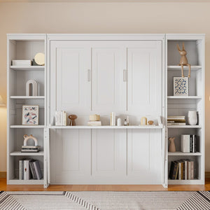 English Elm Queen Murphy Bed with Folding Desk and Side Shelving for Studio or Guest Room White GX004002AAK-1