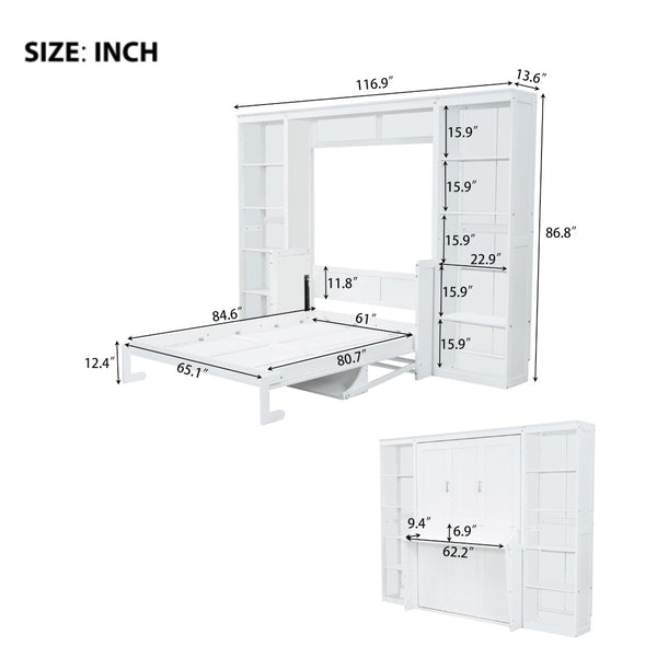 English Elm Queen Murphy Bed with Folding Desk and Side Shelving for Studio or Guest Room White GX004002AAK-1