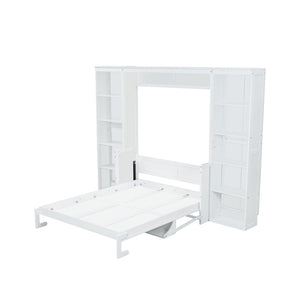 English Elm Queen Murphy Bed with Folding Desk and Side Shelving for Studio or Guest Room White GX004002AAK-1