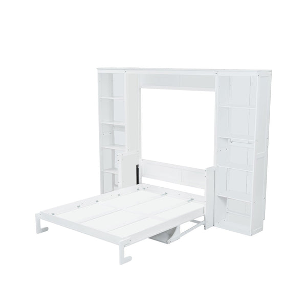 English Elm Queen Murphy Bed with Folding Desk and Side Shelving for Studio or Guest Room White GX004002AAK-1