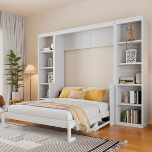 English Elm Queen Murphy Bed with Folding Desk and Side Shelving for Studio or Guest Room White GX004002AAK-1