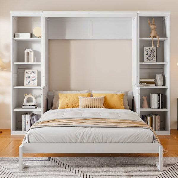 English Elm Queen Murphy Bed with Folding Desk and Side Shelving for Studio or Guest Room White GX004002AAK-1