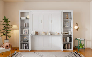 English Elm Queen Murphy Bed with Folding Desk and Side Shelving for Studio or Guest Room White GX004002AAK-1