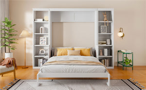 English Elm Queen Murphy Bed with Folding Desk and Side Shelving for Studio or Guest Room White GX004002AAK-1