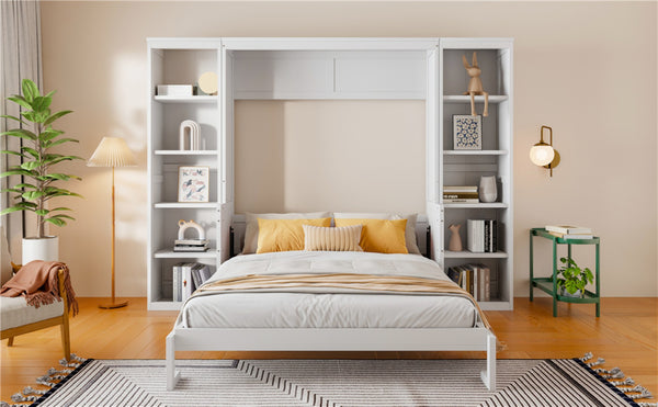 English Elm Queen Murphy Bed with Folding Desk and Side Shelving for Studio or Guest Room White GX004002AAK-1