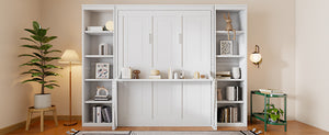 English Elm Queen Murphy Bed with Folding Desk and Side Shelving for Studio or Guest Room White GX004002AAK-1