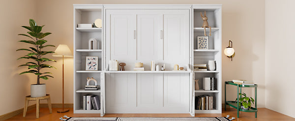 English Elm Queen Murphy Bed with Folding Desk and Side Shelving for Studio or Guest Room White GX004002AAK-1