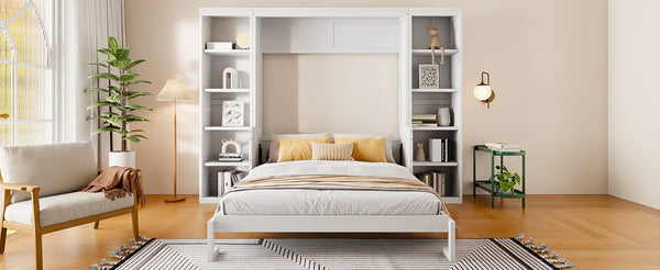 English Elm Queen Murphy Bed with Folding Desk and Side Shelving for Studio or Guest Room White GX004002AAK-1