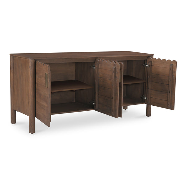 Moe's Home Wiley 4 Door Sideboard: Elegant Modern Design With Timeless Shaker Charm And Intricate Brass Details Brown Mango Wood,Mango Wood Veneer Over Mdf Back And Drawer Bottom Gz-1165-03