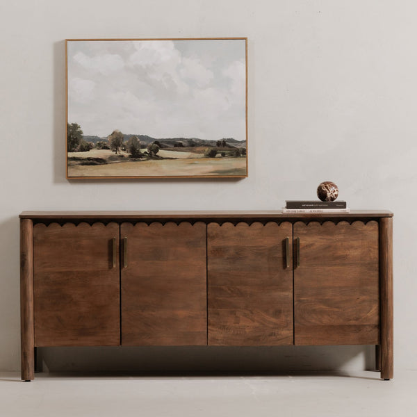 Moe's Home Wiley 4 Door Sideboard: Elegant Modern Design With Timeless Shaker Charm And Intricate Brass Details Brown Mango Wood,Mango Wood Veneer Over Mdf Back And Drawer Bottom Gz-1165-03