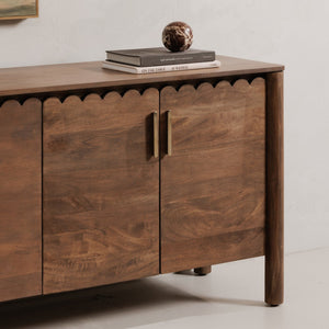 Moe's Home Wiley 4 Door Sideboard: Elegant Modern Design With Timeless Shaker Charm And Intricate Brass Details Brown Mango Wood,Mango Wood Veneer Over Mdf Back And Drawer Bottom Gz-1165-03