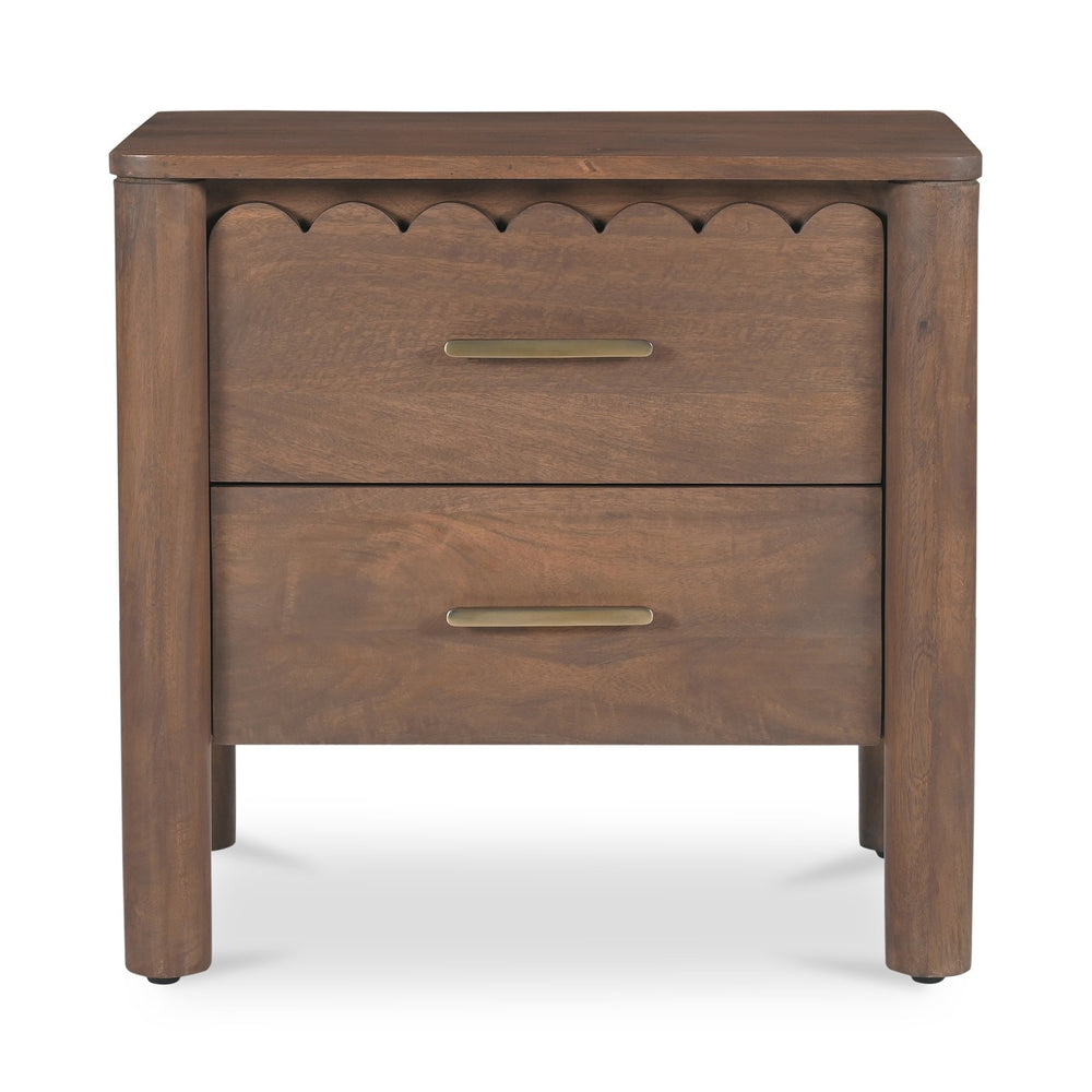 Moe's Home Wiley Nightstand: Modern Shaker Design With Elegant Curves, Scalloped Edges & Brass Hardware Finish Brown Mango Wood,Mango Wood Veneer Over Mdf Back And Drawer Bottom Gz-1171-03