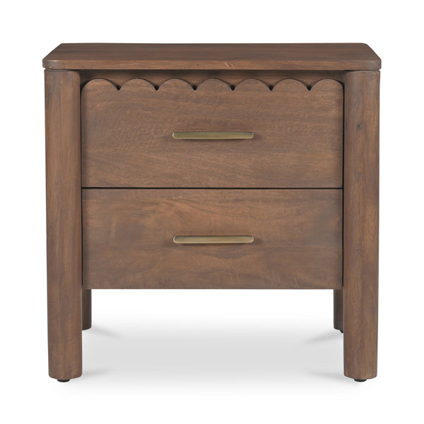 Moe's Home Wiley Nightstand: Modern Shaker Design With Elegant Curves, Scalloped Edges & Brass Hardware Finish Brown Mango Wood,Mango Wood Veneer Over Mdf Back And Drawer Bottom Gz-1171-03