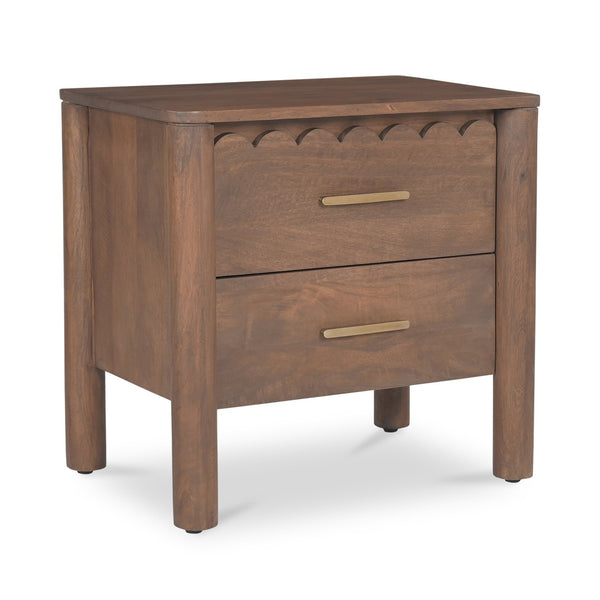 Moe's Home Wiley Nightstand: Modern Shaker Design With Elegant Curves, Scalloped Edges & Brass Hardware Finish Brown Mango Wood,Mango Wood Veneer Over Mdf Back And Drawer Bottom Gz-1171-03