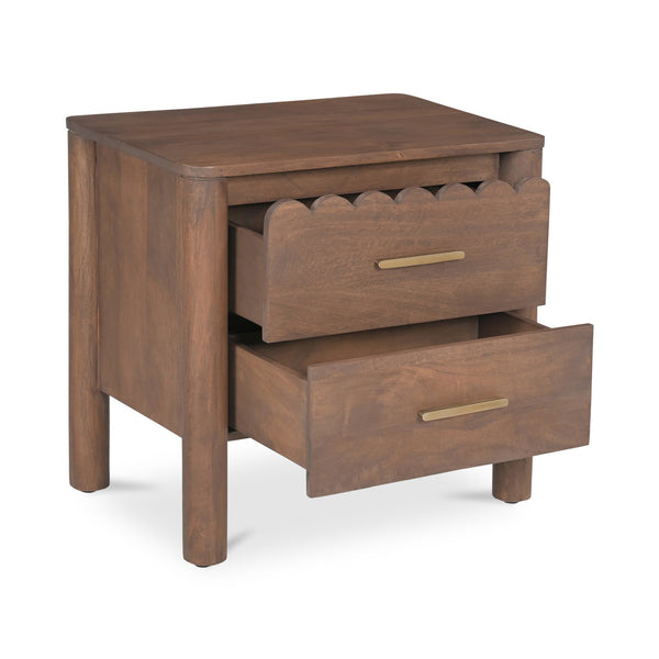 Moe's Home Wiley Nightstand: Modern Shaker Design With Elegant Curves, Scalloped Edges & Brass Hardware Finish Brown Mango Wood,Mango Wood Veneer Over Mdf Back And Drawer Bottom Gz-1171-03