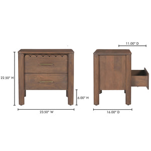 Moe's Home Wiley Nightstand: Modern Shaker Design With Elegant Curves, Scalloped Edges & Brass Hardware Finish Brown Mango Wood,Mango Wood Veneer Over Mdf Back And Drawer Bottom Gz-1171-03