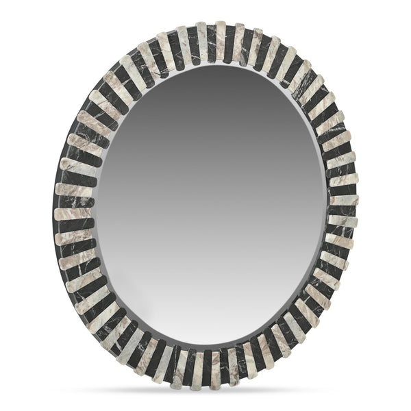 Moe's Home Isolde Mirror: Art Deco Elegance With Leathered Black And Beige Marble For Contemporary Spaces Multicolor Mirrored Glass,Black Marble Gz-1183-37