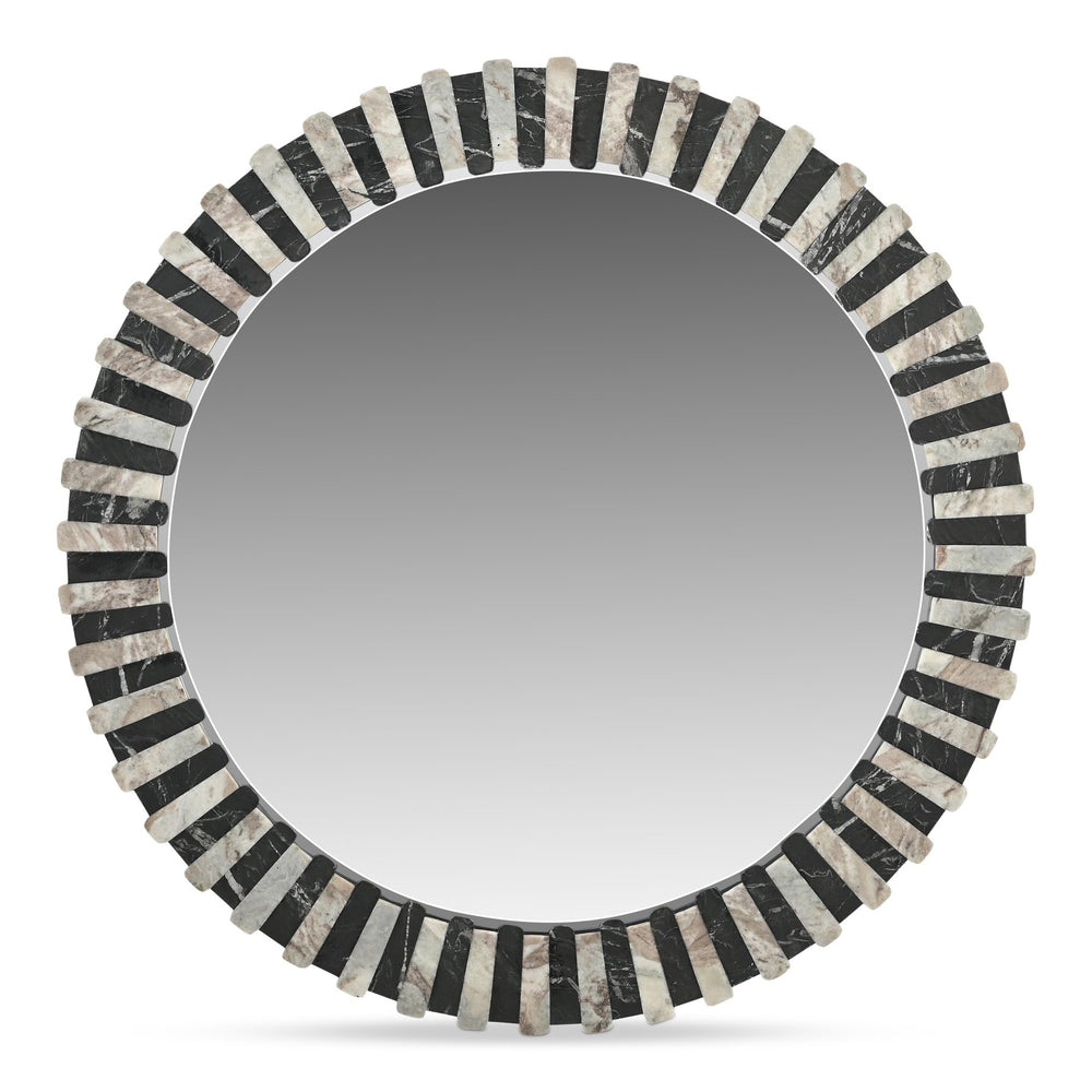 Moe's Home Isolde Mirror: Art Deco Elegance With Leathered Black And Beige Marble For Contemporary Spaces Multicolor Mirrored Glass,Black Marble Gz-1183-37