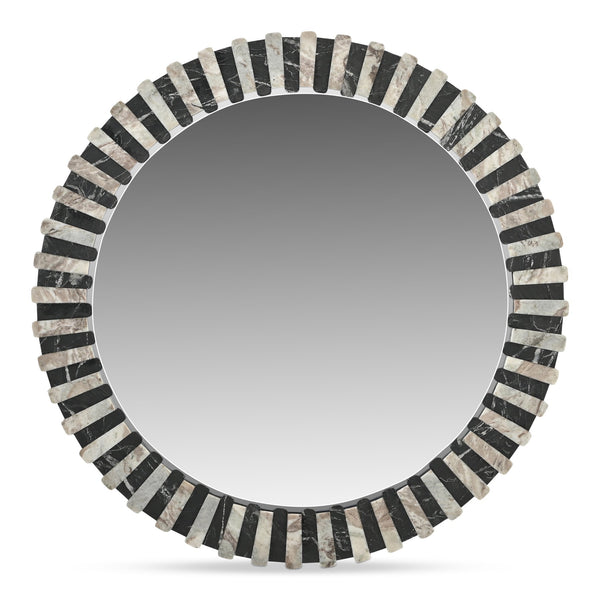 Moe's Home Isolde Mirror: Art Deco Elegance With Leathered Black And Beige Marble For Contemporary Spaces Multicolor Mirrored Glass,Black Marble Gz-1183-37
