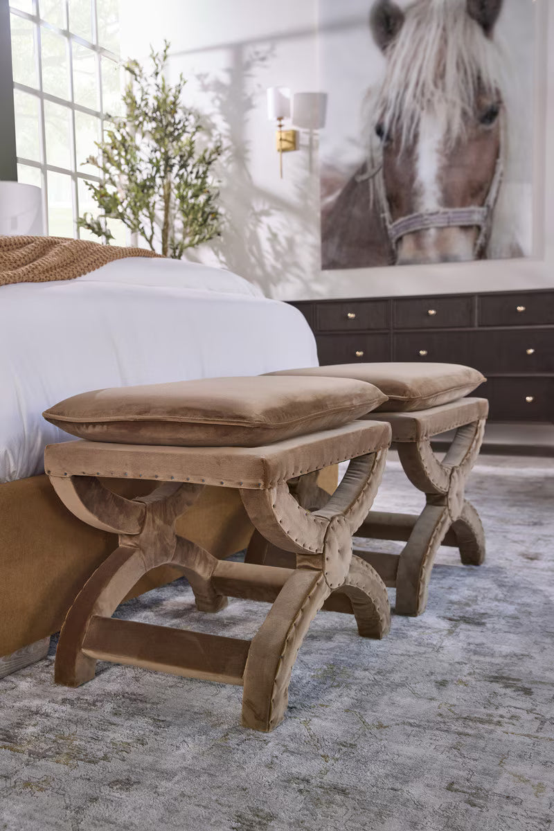 Gaston Ottoman - Luxurious Caramel Velvet Accent Piece with Versatile X-Base Design for Any Space