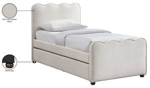 Meridian Furniture Gatsby Twin Trundle Bed Scalloped Curved Velvet Upholstered Frame for Guest Bedroom Cream GatsbyCream-T