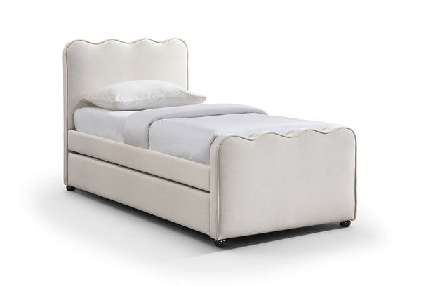 Meridian Furniture Gatsby Twin Trundle Bed Scalloped Curved Velvet Upholstered Frame for Guest Bedroom Cream GatsbyCream-T