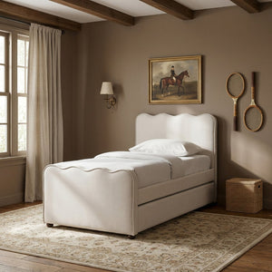 Meridian Furniture Gatsby Twin Trundle Bed Scalloped Curved Velvet Upholstered Frame for Guest Bedroom Cream GatsbyCream-T