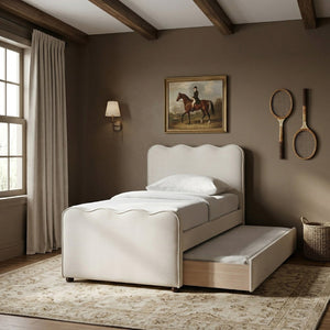 Meridian Furniture Gatsby Twin Trundle Bed Scalloped Curved Velvet Upholstered Frame for Guest Bedroom Cream GatsbyCream-T