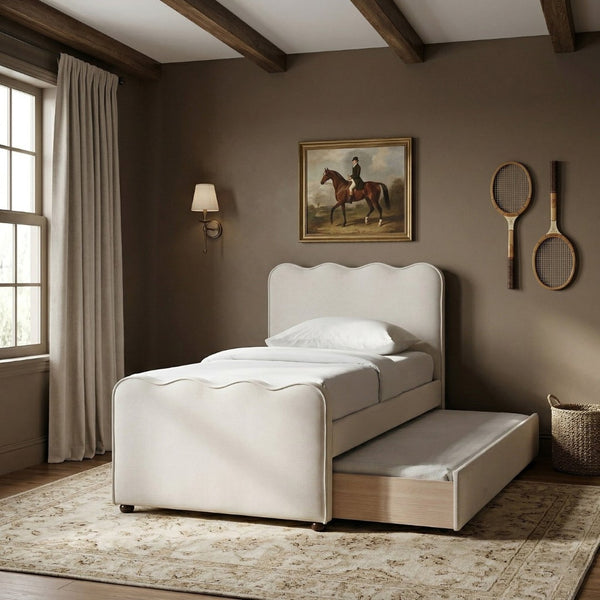 Meridian Furniture Gatsby Twin Trundle Bed Scalloped Curved Velvet Upholstered Frame for Guest Bedroom Cream GatsbyCream-T