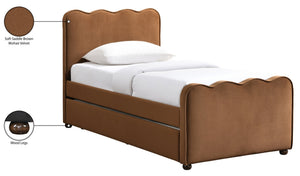 Meridian Furniture Gatsby Twin Trundle Bed Scalloped Curved Velvet Upholstered Frame for Guest Bedroom Saddle GatsbySaddle-T