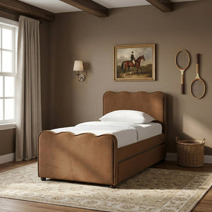 Meridian Furniture Gatsby Twin Trundle Bed Scalloped Curved Velvet Upholstered Frame for Guest Bedroom Saddle GatsbySaddle-T