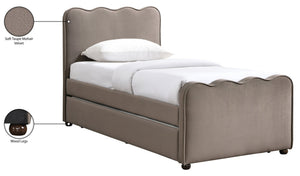 Meridian Furniture Gatsby Twin Trundle Bed Scalloped Curved Velvet Upholstered Frame for Guest Bedroom Taupe GatsbyTaupe-T