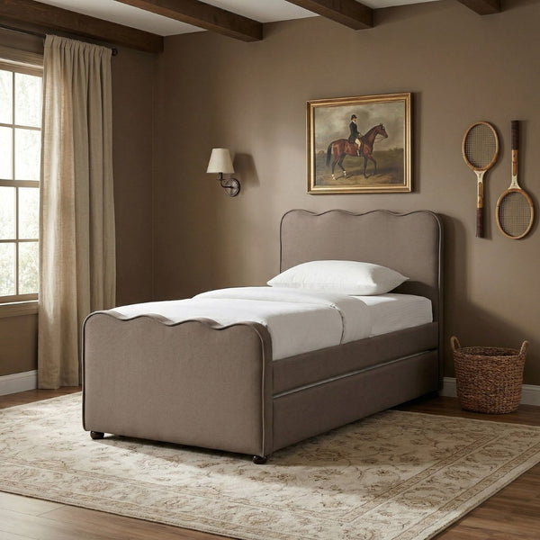 Meridian Furniture Gatsby Twin Trundle Bed Scalloped Curved Velvet Upholstered Frame for Guest Bedroom Taupe GatsbyTaupe-T