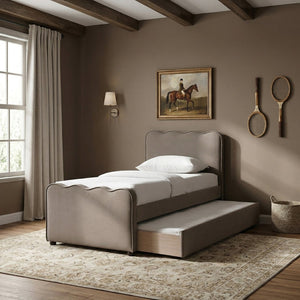 Meridian Furniture Gatsby Twin Trundle Bed Scalloped Curved Velvet Upholstered Frame for Guest Bedroom Taupe GatsbyTaupe-T