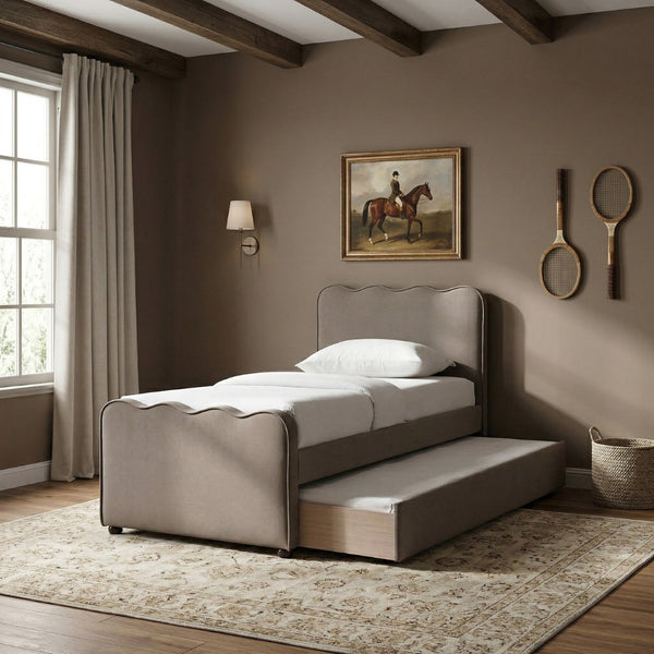 Meridian Furniture Gatsby Twin Trundle Bed Scalloped Curved Velvet Upholstered Frame for Guest Bedroom Taupe GatsbyTaupe-T