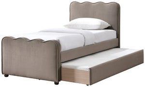 Meridian Furniture Gatsby Twin Trundle Bed Scalloped Curved Velvet Upholstered Frame for Guest Bedroom Taupe GatsbyTaupe-T