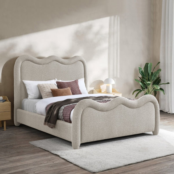 Meridian Furniture Gavin Art Deco King Bed Chenille Upholstered Curved Headboard Footboard Platform Frame Beige GavinBeige-K