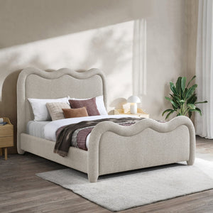Meridian Furniture Gavin Art Deco Queen Bed Curved Chenille Upholstered Frame for Stylish Modern Bedroom Beige GavinBeige-Q