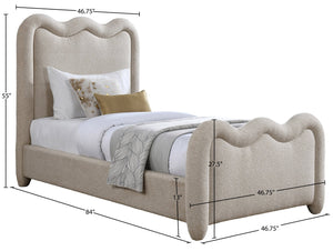 Meridian Furniture Gavin Chenille Upholstered Twin Bed Art Deco Curved Headboard Slatted Support Glam Bedroom Frame Beige GavinBeige-T