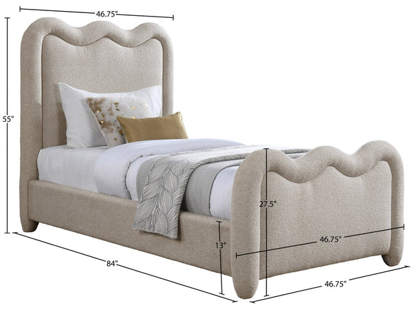 Meridian Furniture Gavin Chenille Upholstered Twin Bed Art Deco Curved Headboard Slatted Support Glam Bedroom Frame Beige GavinBeige-T