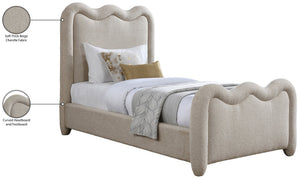 Meridian Furniture Gavin Chenille Upholstered Twin Bed Art Deco Curved Headboard Slatted Support Glam Bedroom Frame Beige GavinBeige-T