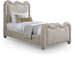 Meridian Furniture Gavin Chenille Upholstered Twin Bed Art Deco Curved Headboard Slatted Support Glam Bedroom Frame Beige GavinBeige-T