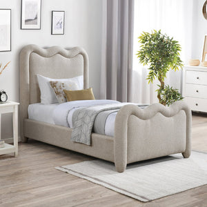 Meridian Furniture Gavin Chenille Upholstered Twin Bed Art Deco Curved Headboard Slatted Support Glam Bedroom Frame Beige GavinBeige-T