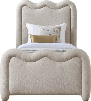 Meridian Furniture Gavin Chenille Upholstered Twin Bed Art Deco Curved Headboard Slatted Support Glam Bedroom Frame Beige GavinBeige-T